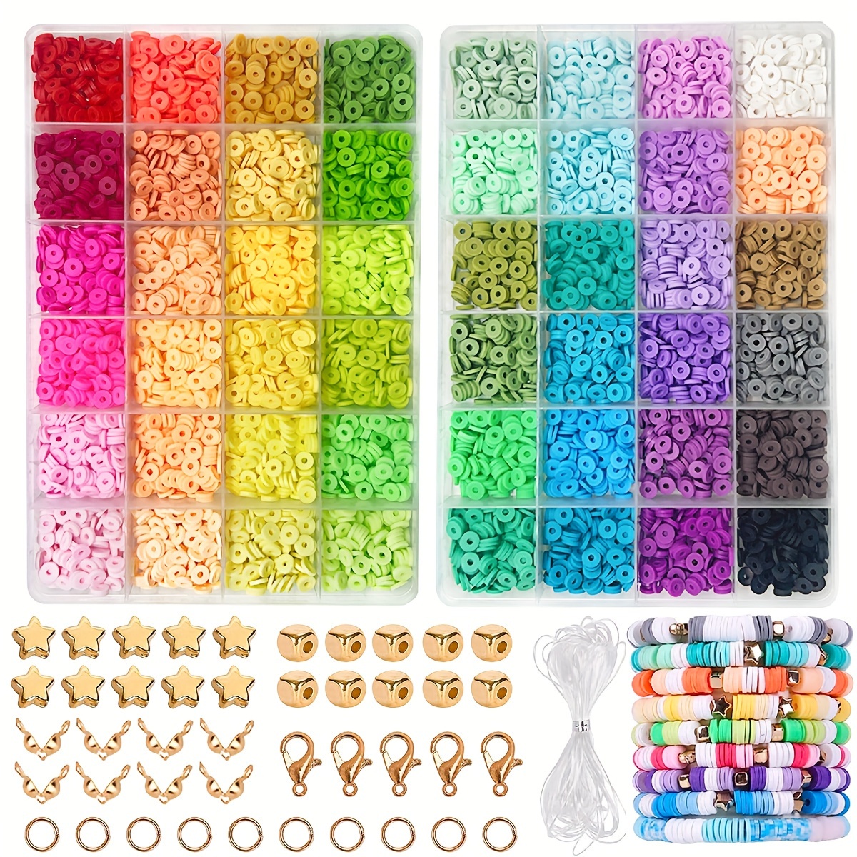 QUEFE Juego de 4800 cuentas de arcilla para hacer pulseras, 48 colores,  planas, redondas, poliméricas, espaciadoras, heishi, para hacer joyas, para
