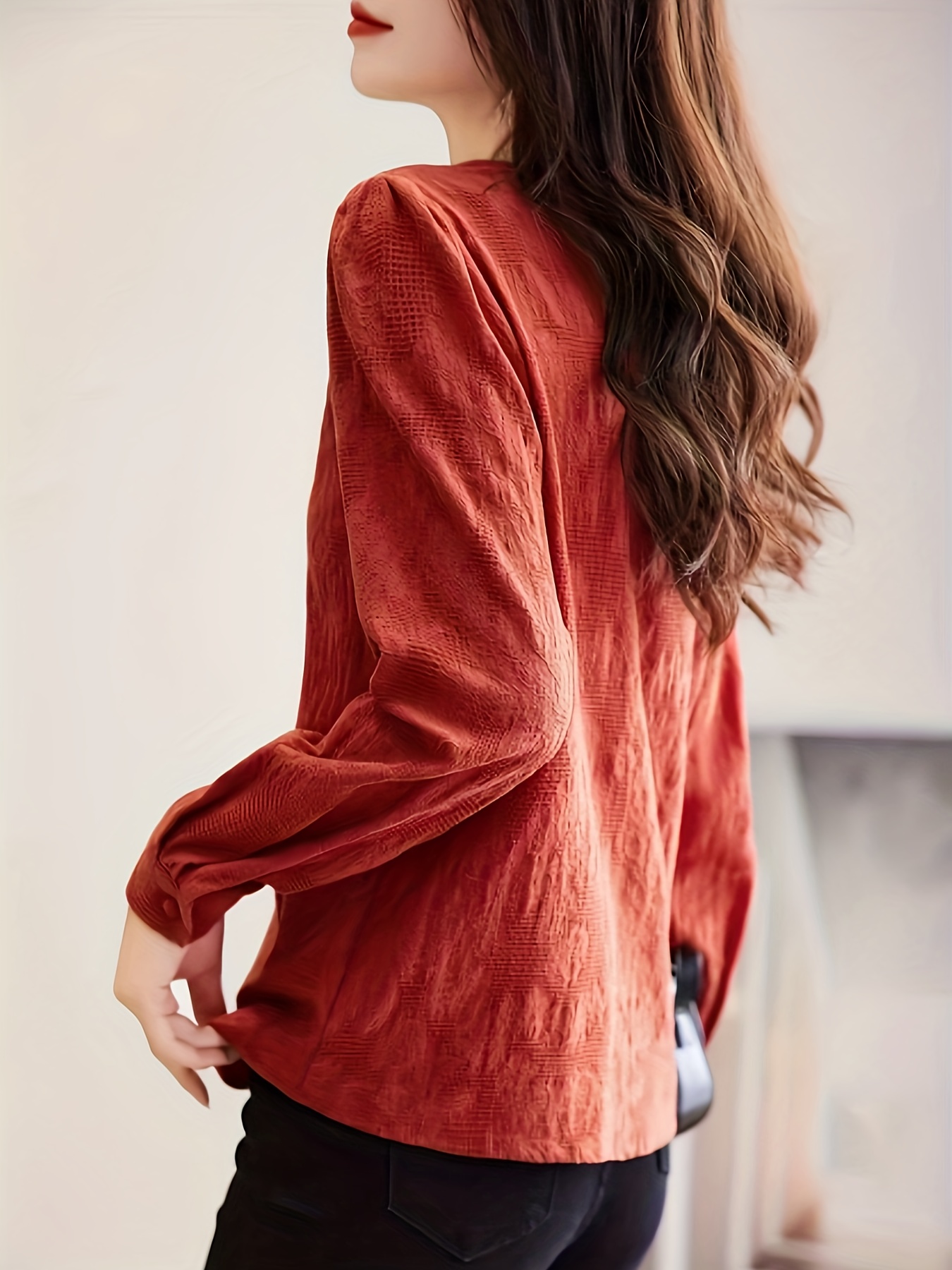 Textured Lace Trim V Neck Blouse, Casual Long Sleeve Blouse For Spring &  Fall, Women's Clothing