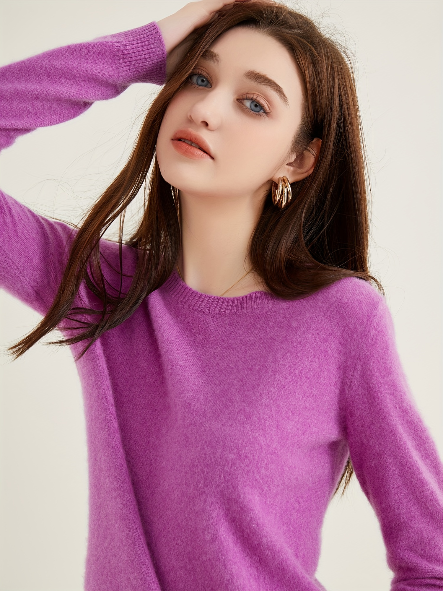 100 cashmere sweater casual long sleeve crew neck sweater womens clothing purple 2