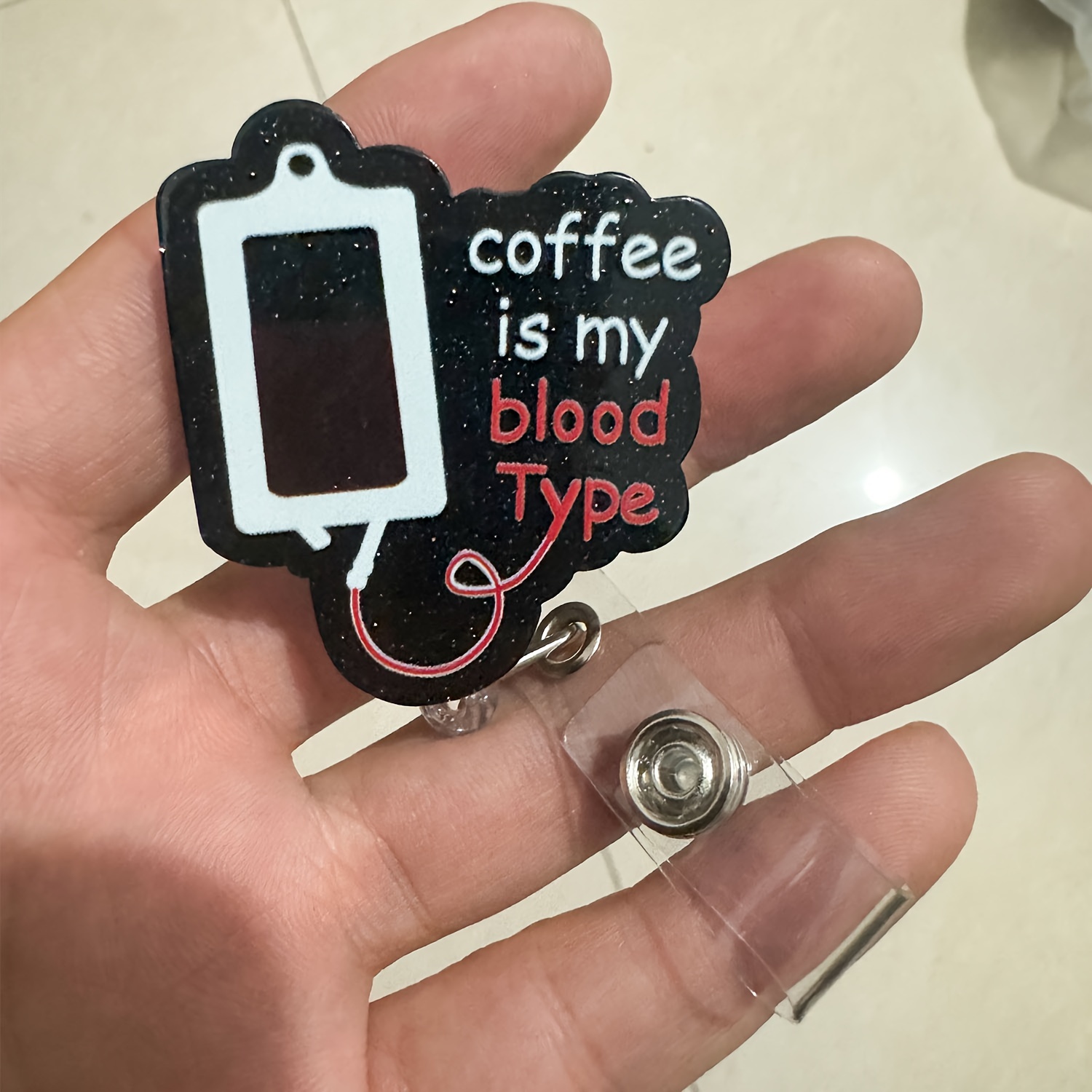 Funny Coffee Is My Blood Type Badge Reel Holder Keychain for Men, Retractable with ID Clip Keychain for Nurse, Alligator Clip Badge Keychain,Temu