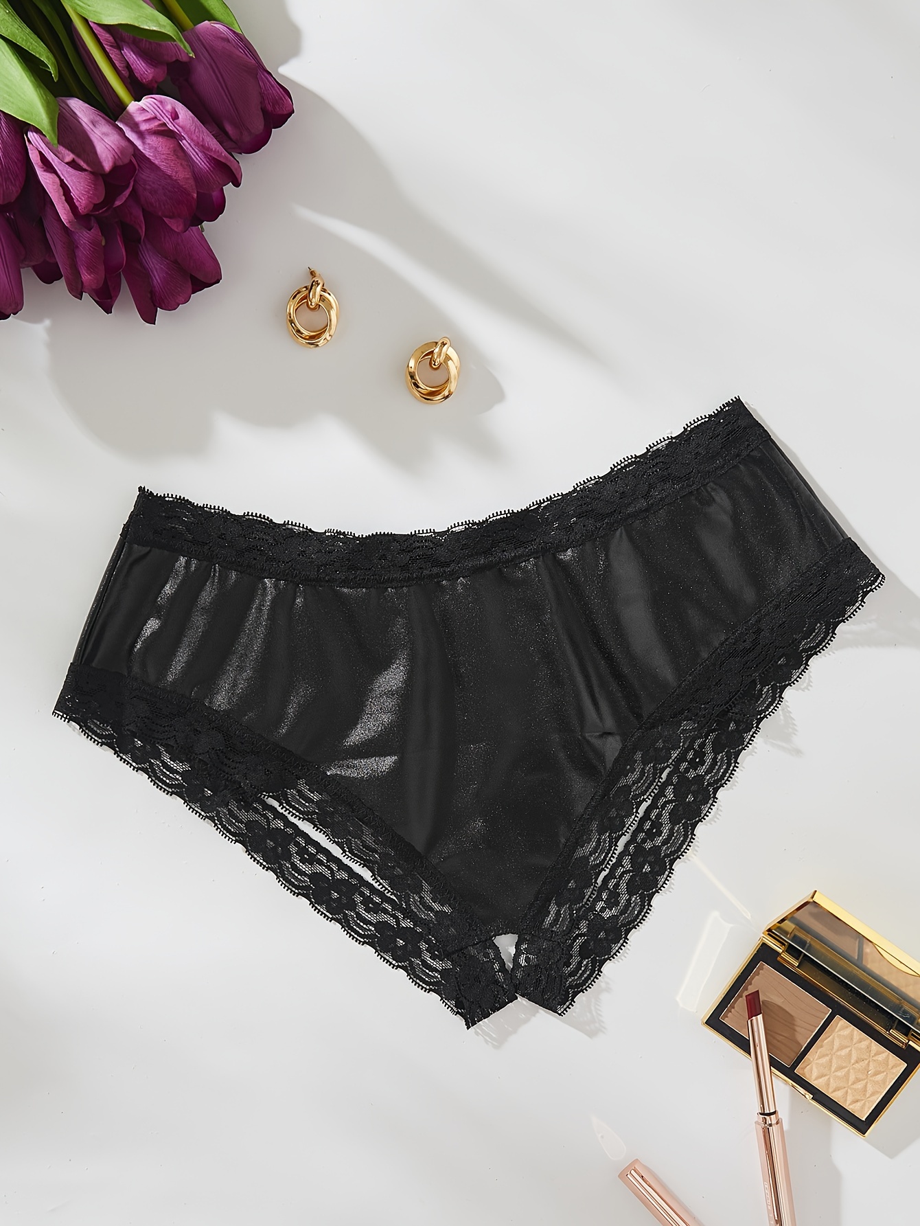 Sexy Hollow Out Low Waist PVC Latex Briefs With Open Crotch And