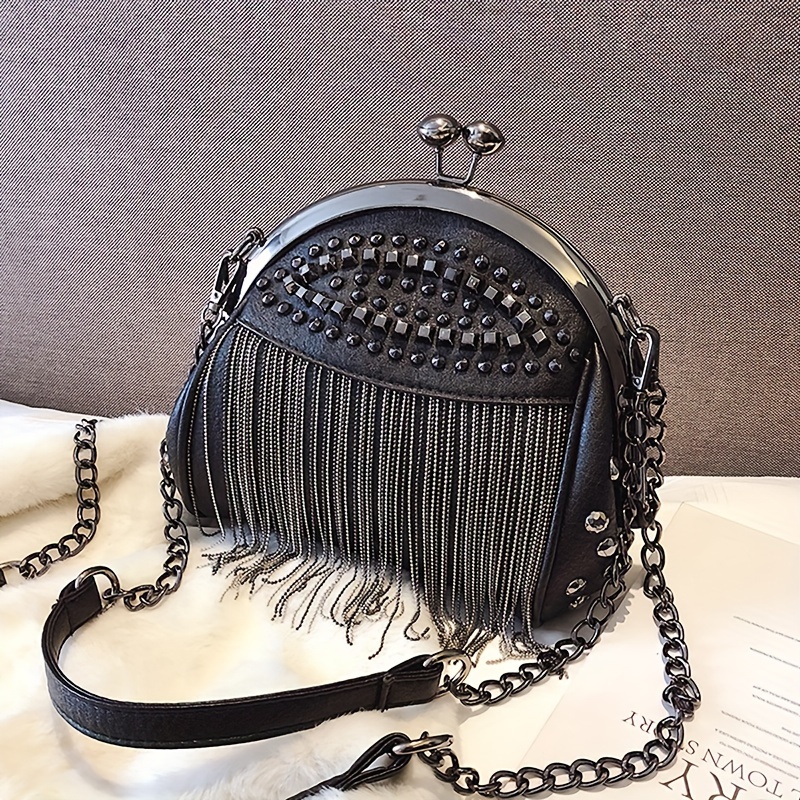 

Niche Fashionable Kiss-lock Handbag, Rivets Novelty Tassel Decor Shoulder Chain Bag For Women