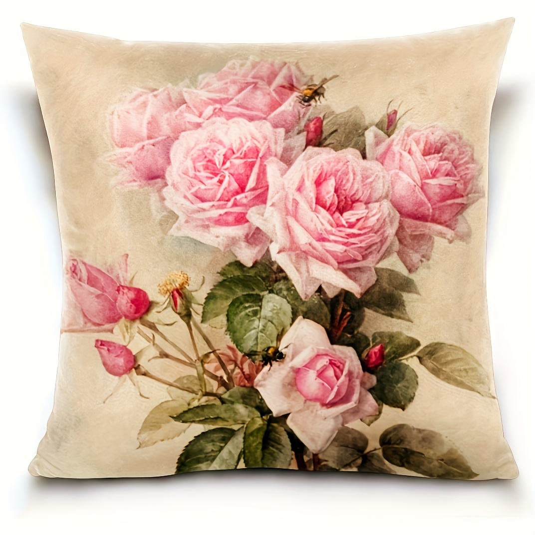 

1pc Square Cushion Cover, Shabby Chic Rose Floral Pillow Cover, Home Decor, Room Decor, Bedroom Decor (cushion Is Not Included) 18x18inch