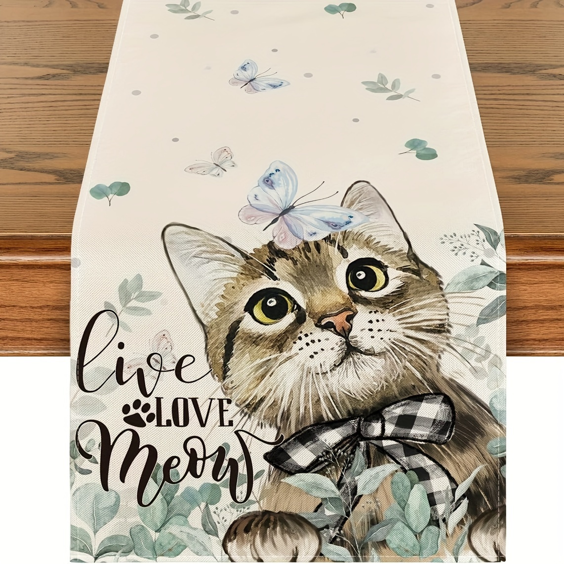 1pc, Eucalyptus Cat Live Love Summer Table Runner, Spring Wedding Kitchen Dining Table Decoration For Home Party Decor