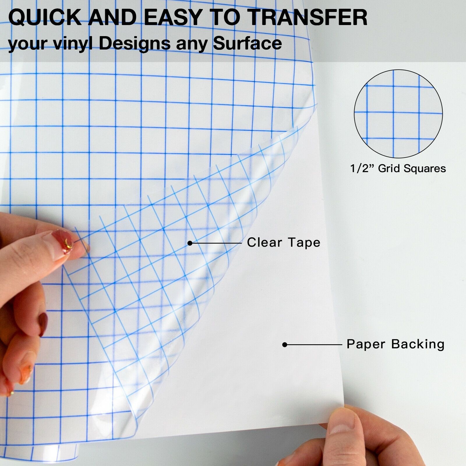 High Gloss Clear Vinyl Transfer Paper Self-Adhesive Roll w/Grid Backin