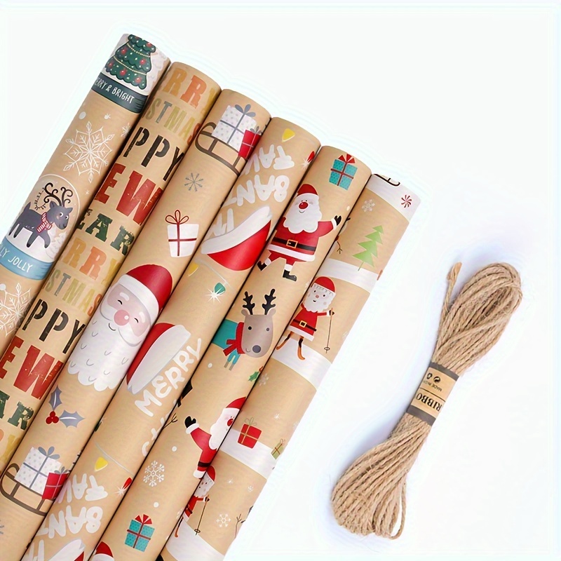 Christmas Wrapping Paper Bundle - Brown Kraft Paper with Color Pattern For  - Christmas Elements Collection-1 Roll - 20*27.5In Per Roll 