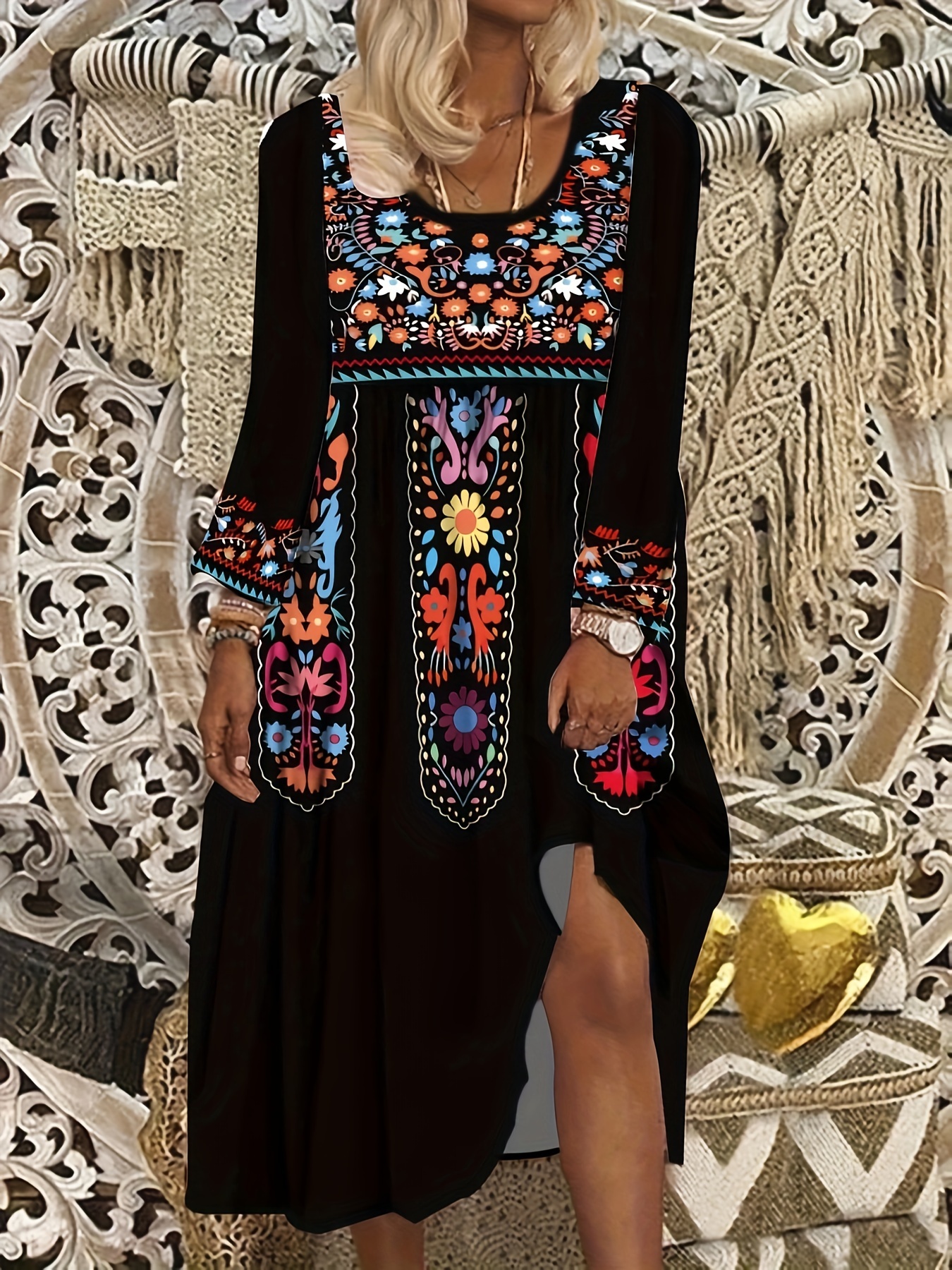 Ethnic Flower Print Long Sleeve Dress, Casual Crew Neck Dress For Spring &  Fall, Women's Clothing