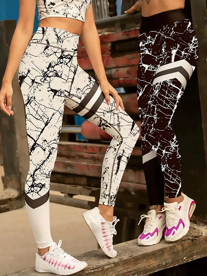 Fashion Marble Print Yoga Sports Pants, High Waist Slimming Fitness Workout  Gym Leggings, Women's Activewear