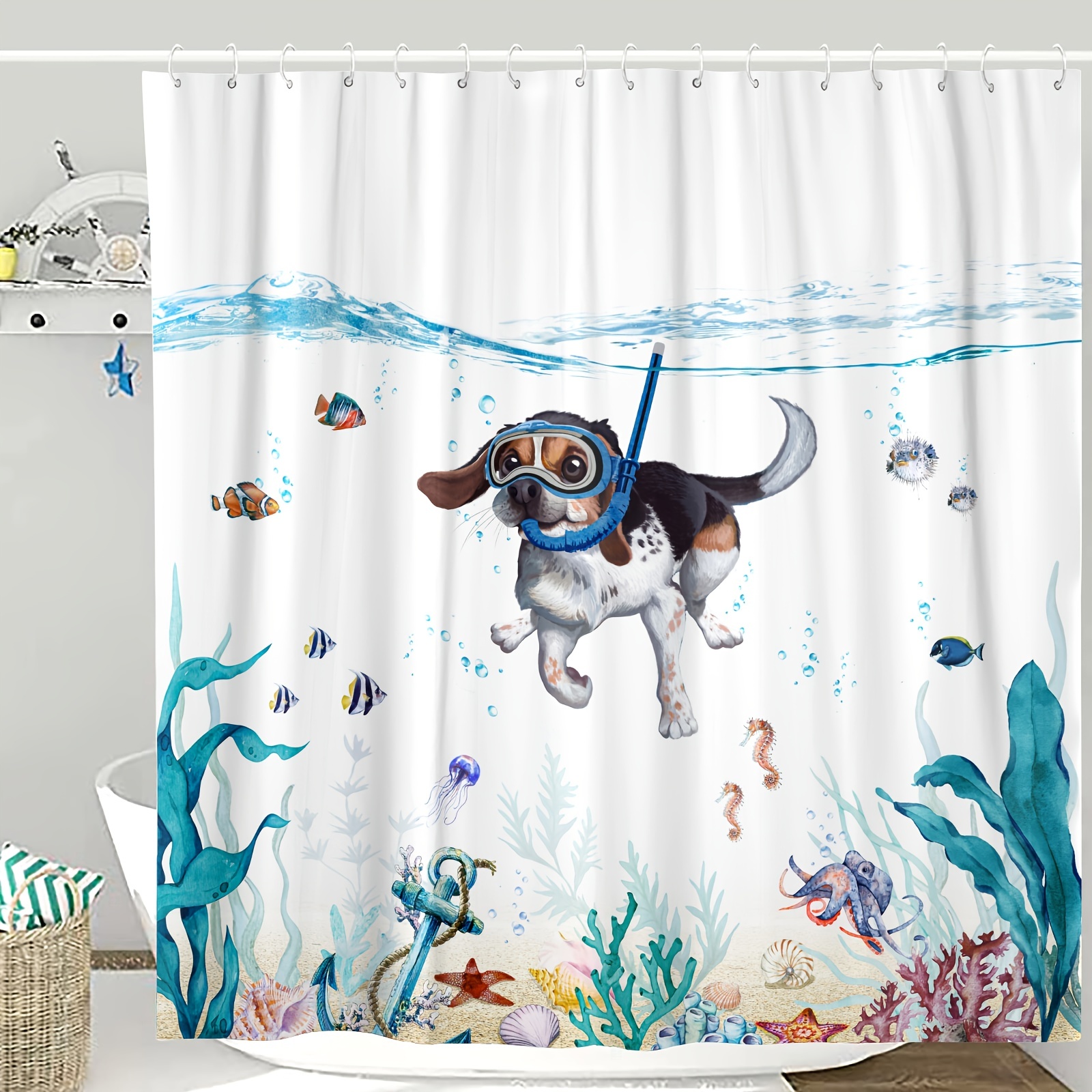 1pc Funny Diving Dog Pattern Shower Curtain, Teal Blue Sea Ocean Waterproof  Fabric Shower Curtains For Bathroom, Animal Octopus Starfish Turtle Anchor