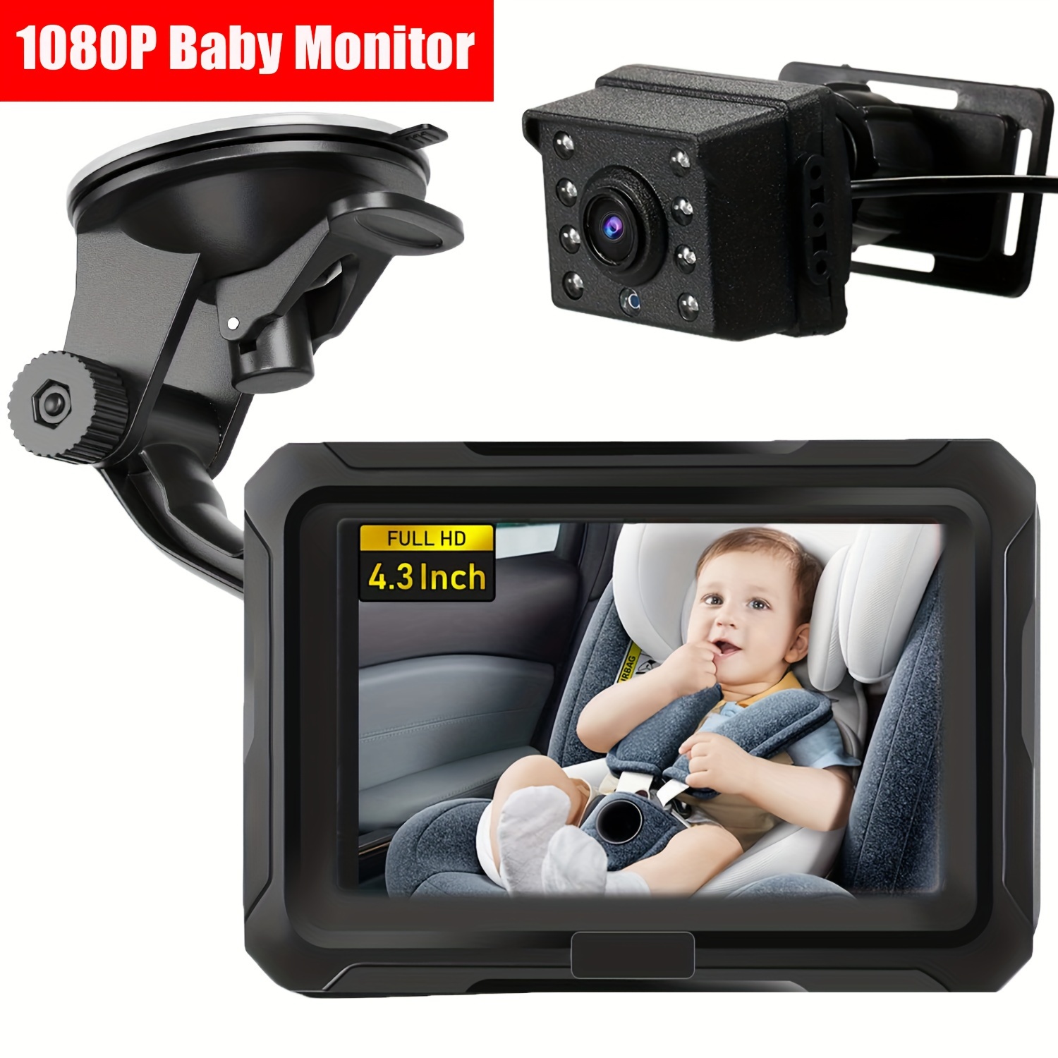 VASTEND Cámara de Coche de Bebé 1080P, 4,3' HD Monitor de Espejo de Coche  150° Vista Amplia, Función de Visión Pantalla , Cámara de Asiento de