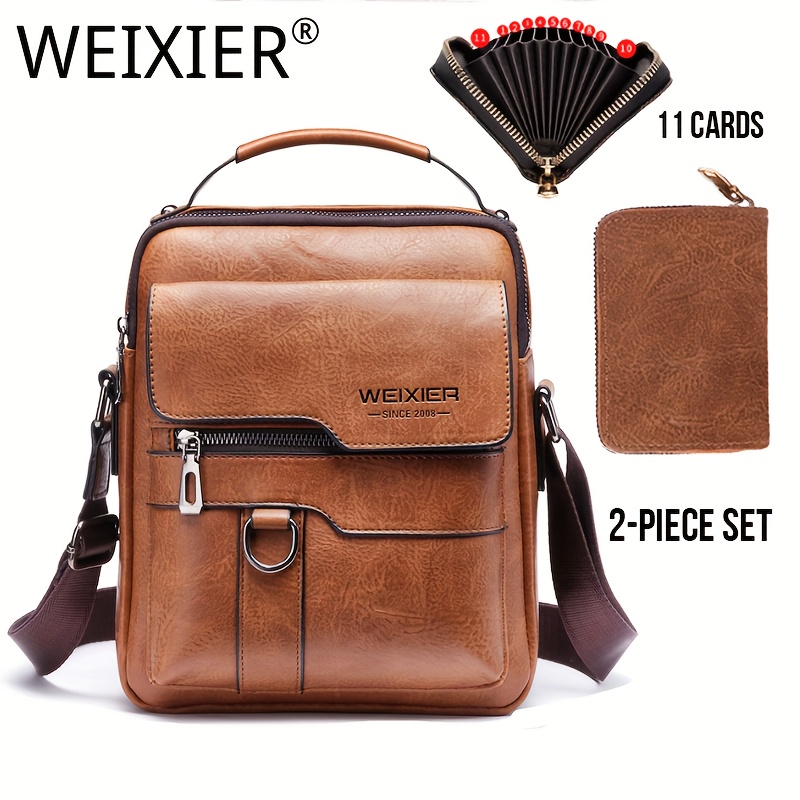 

2pcs/set Weixier New Shoulder Bag, Crossbody Bag Retro Pu Leather Vertical Portable Business Casual Bag, Crossbody Multi-card Bag
