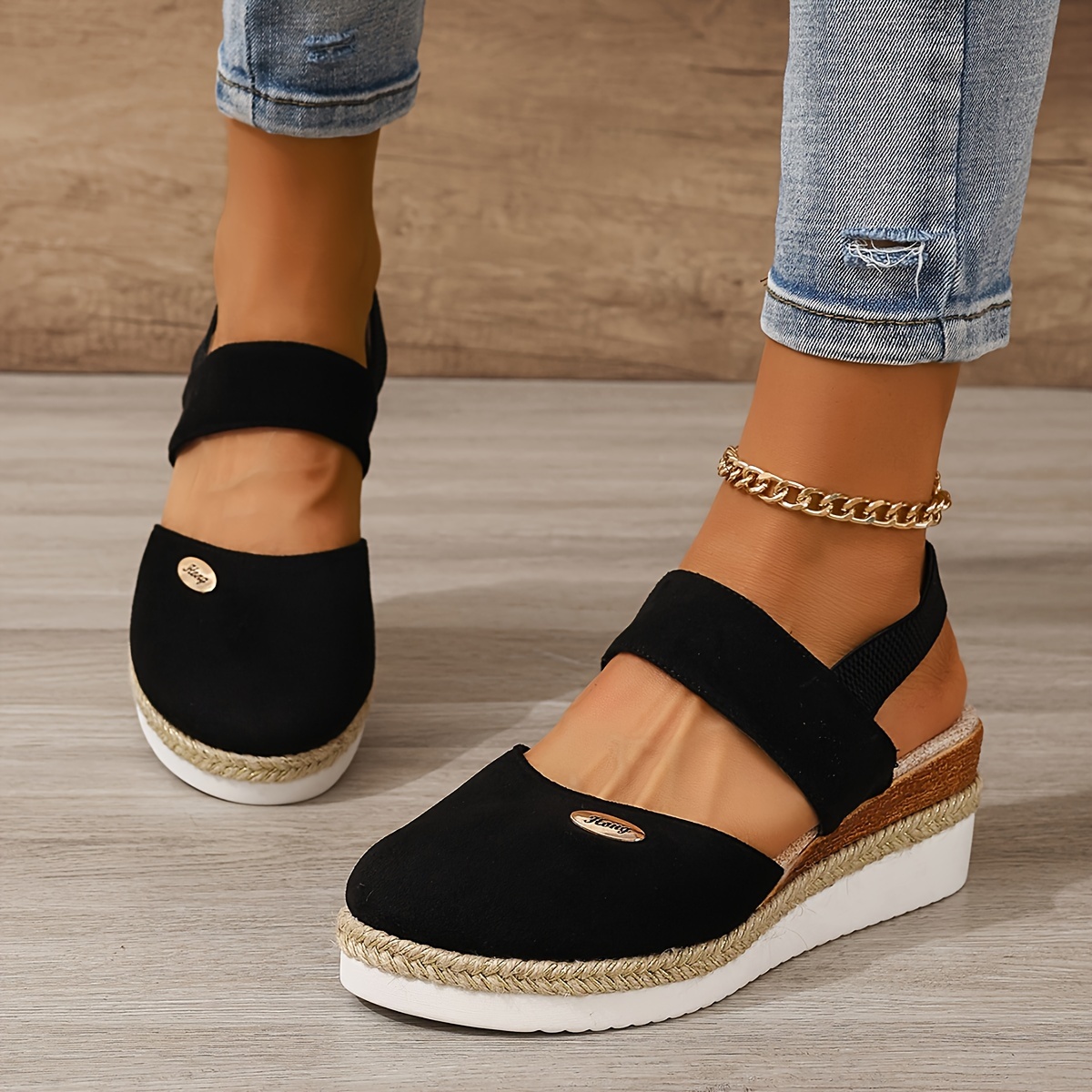 Women s Solid Color Platform Sandals Ankle Elastic Strap Temu Canada