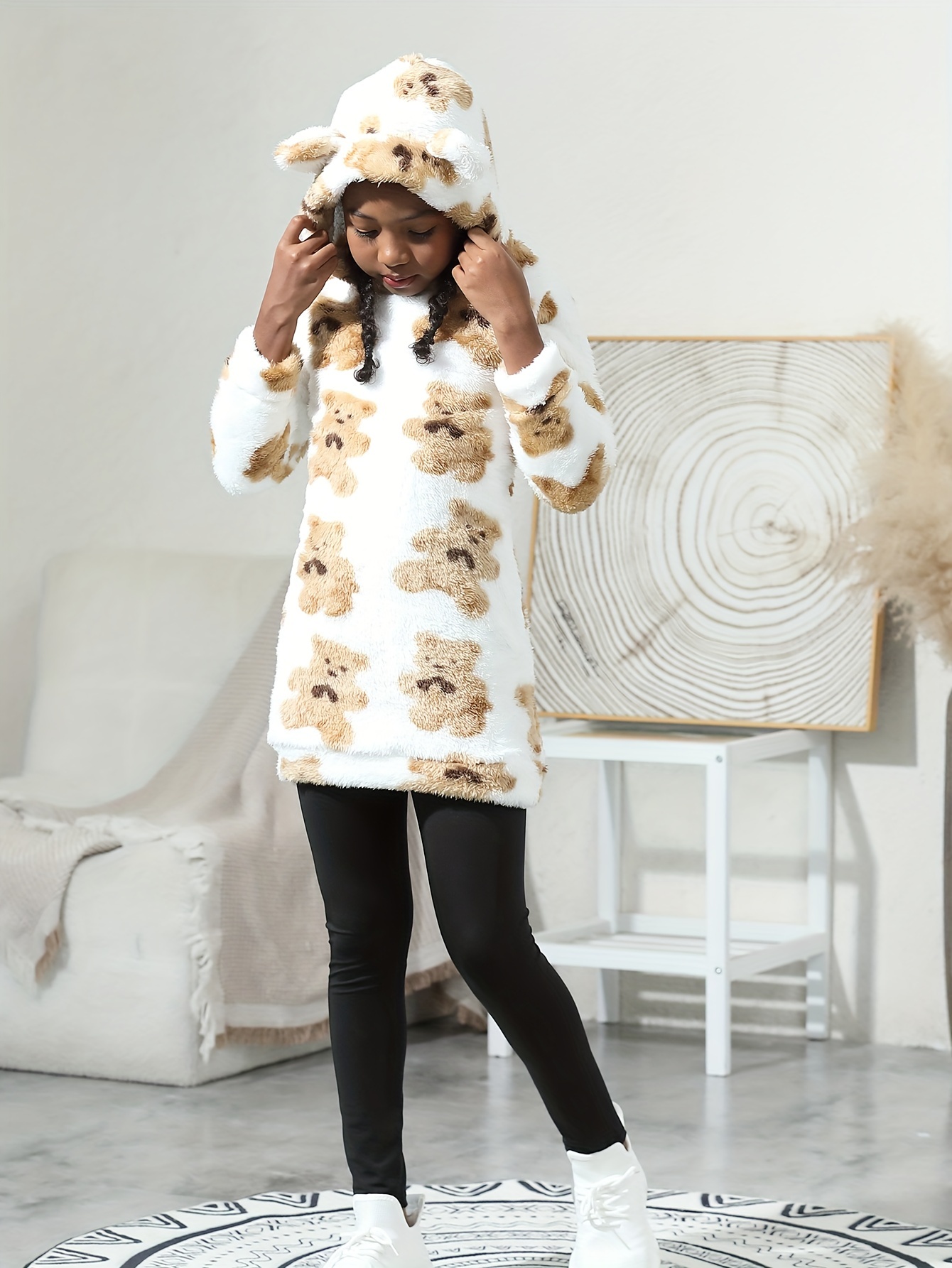 Girl's Fuzzy Fleece Outfit Bear Pattern Hoodie Leggings Set - Temu
