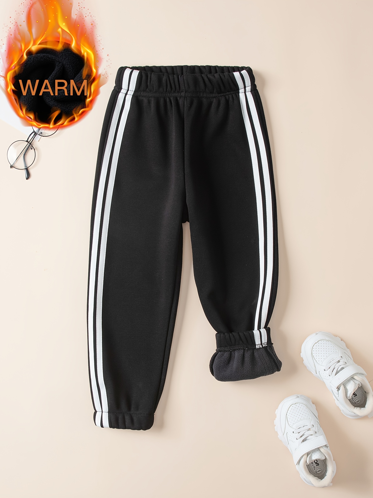 Kids Black Pantswinter Fleece-lined Harem Pants For Boys - Warm Cotton  Striped Trousers