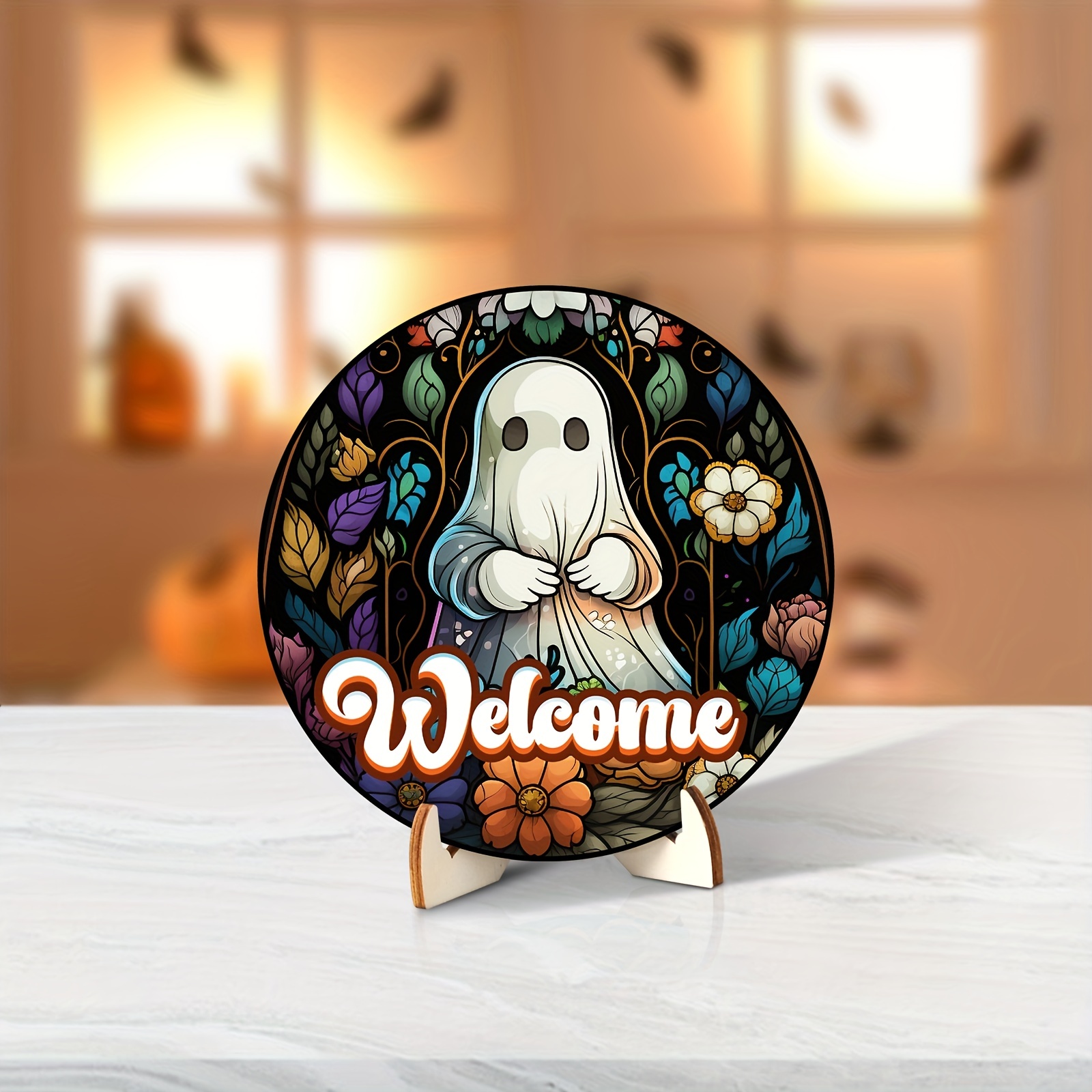 Halloween Ghost Wood Ornament With Holder Round - Temu