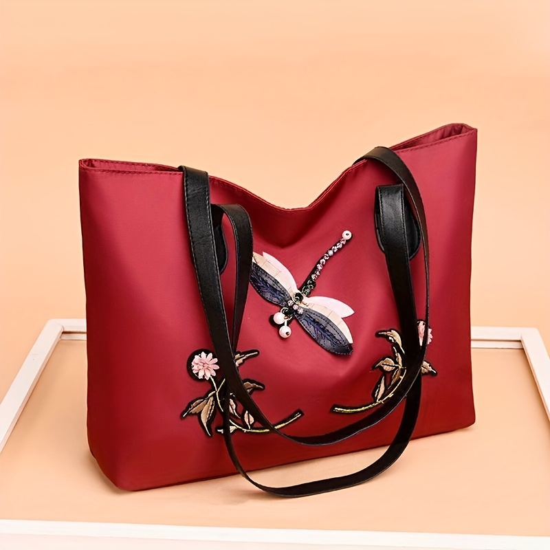 Dragonfly & Flower Patched Tote Bag Large Capacity Shoulder Bag