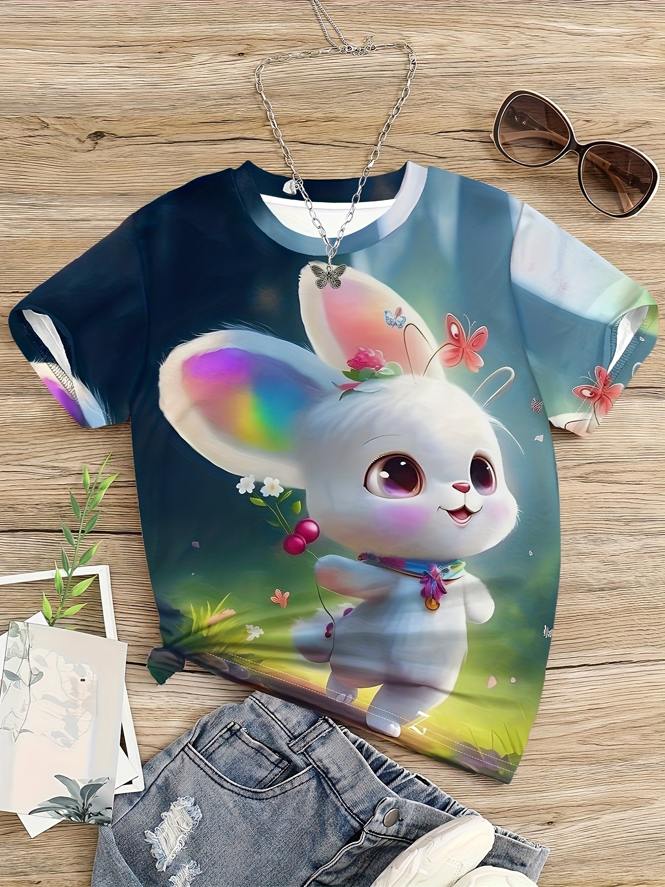 T-shirt Grafica Per Ragazze Cartoon Rabbit, Girocollo Casual A Maniche  Corte Con Elasticità Media, Abbigliamento Per Bambini All'aperto - Temu  Italy