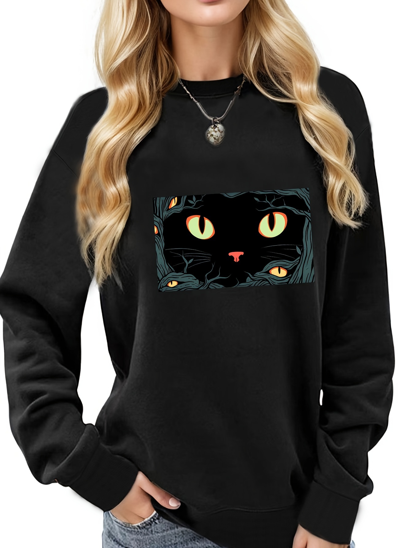 ORANDESIGNE Felpa Girocollo Donna Stampa Gatto Sweatshirt Maglione Leggere  Manica Lunga Maglietta Elegante Crewneck Sweatshirt Stampa Animalier 3D  Gatti Pullover Casual A Bianco XS : .it: Moda