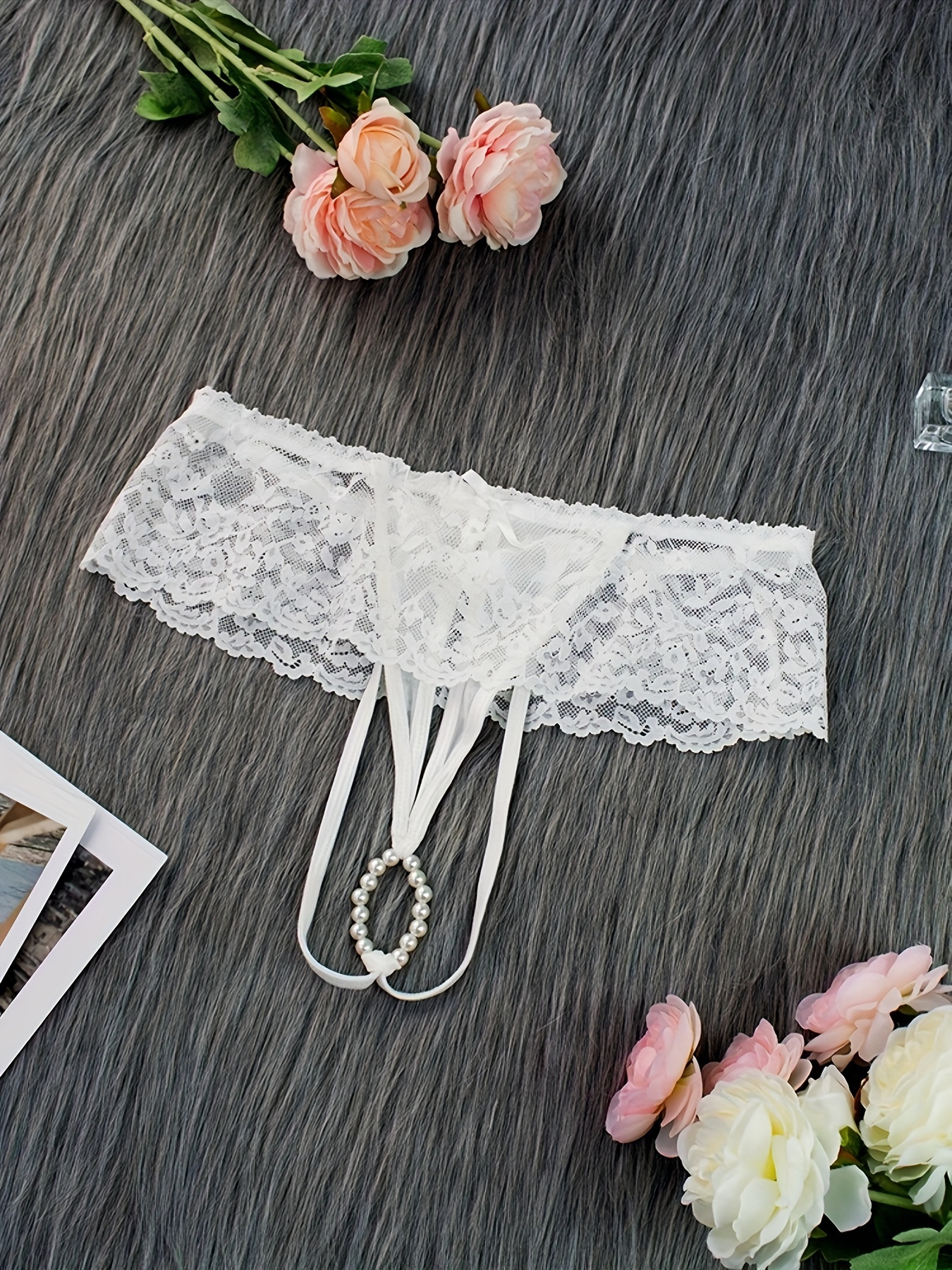 Floral Lace Thongs, Flower Decor Faux Pearl Panties, Women's Sexy Lingerie  & Underwear