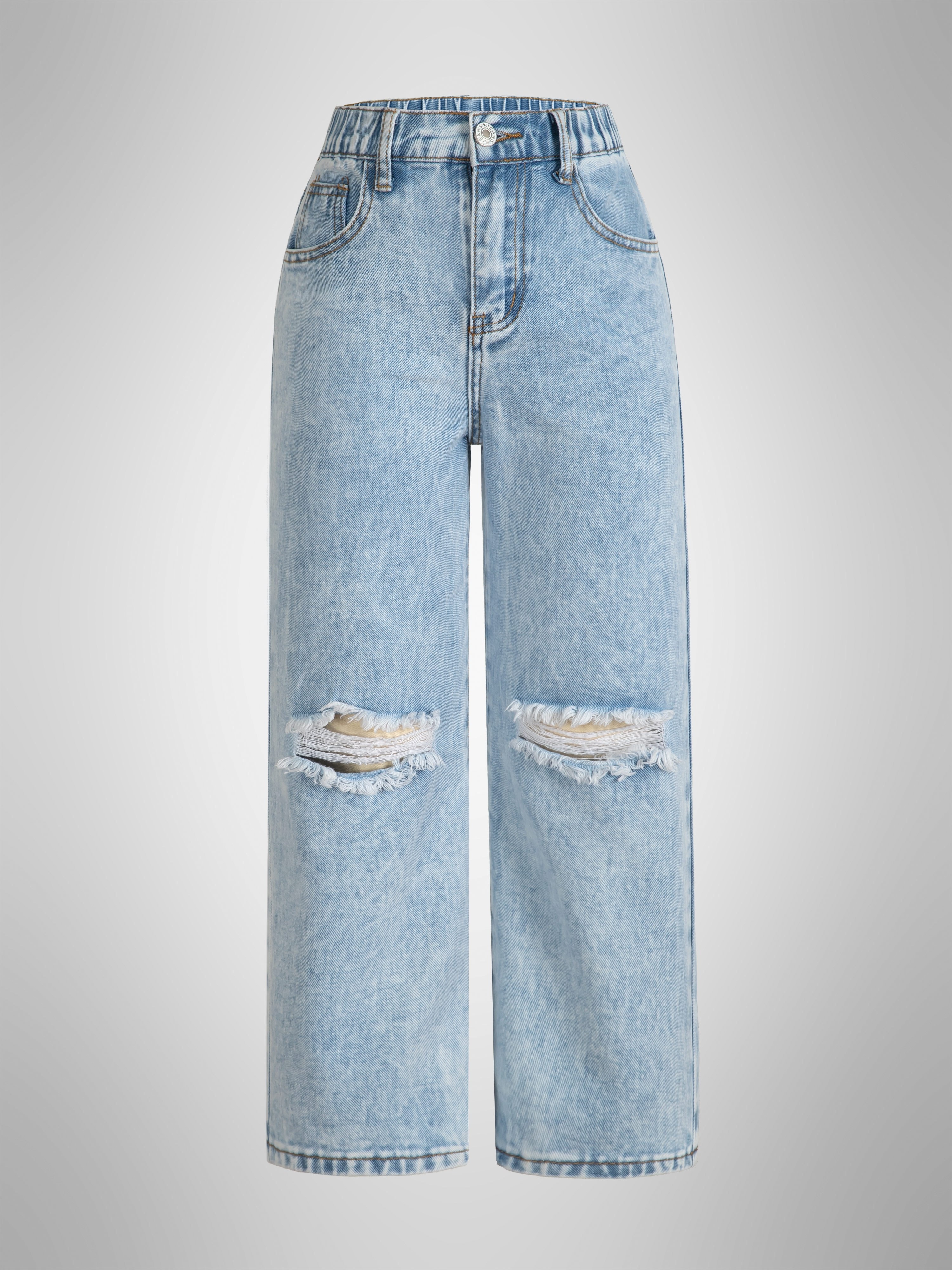 High Straight Legs Loose Baggy Jeans Ripped Knees Cut - Temu Germany