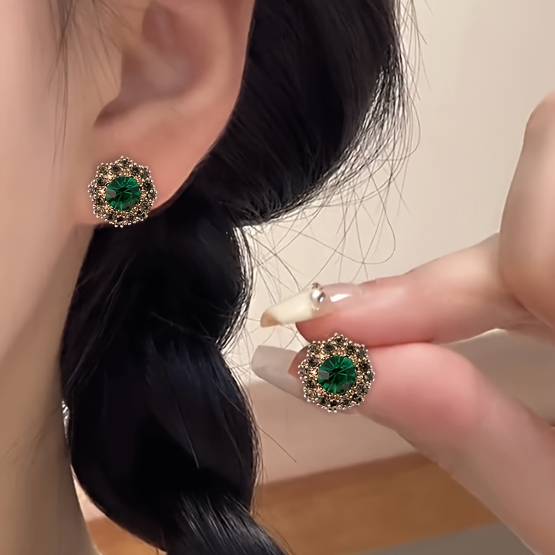 

1pair Green Rhinestone Stud Earrings Alloy Earrings Elegant Style Jewelry Trendy Gift For Women