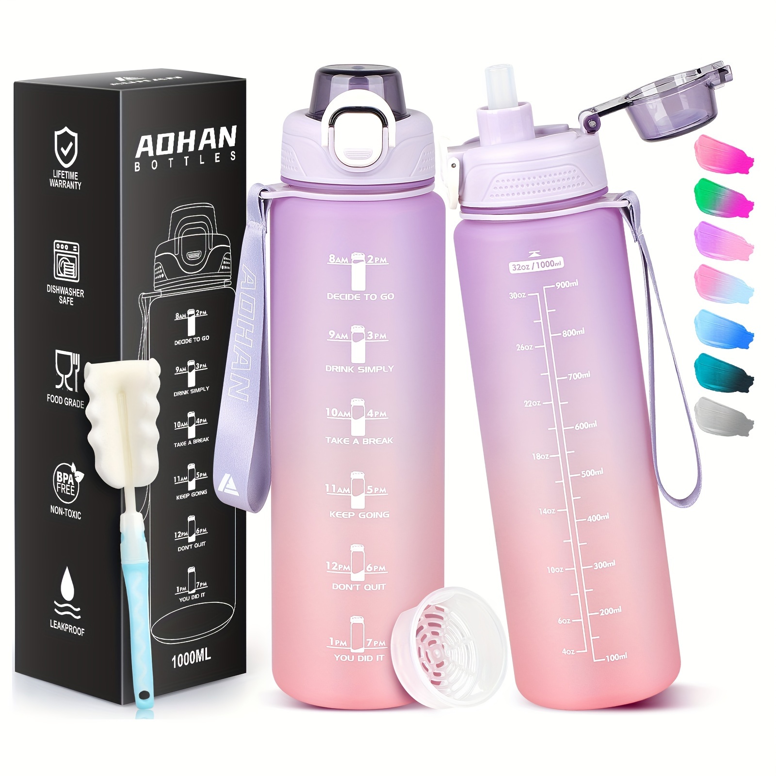 Sports Water Bottle with Time Marker BPA Free Water Jug 1000ml - Pink Purple