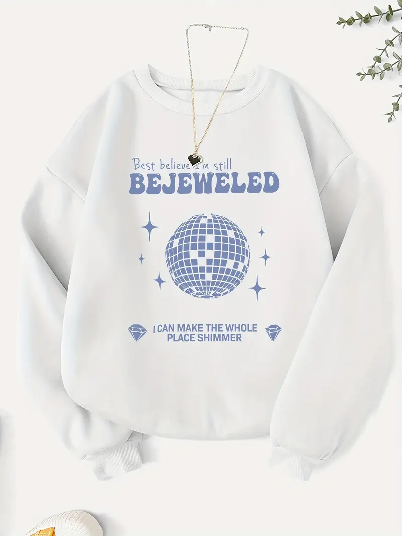 Bejeweled Letter & Graphic Print Sweatshirt, Casual Long Sleeve Crew Neck Sweatshirt, Women's Clothing