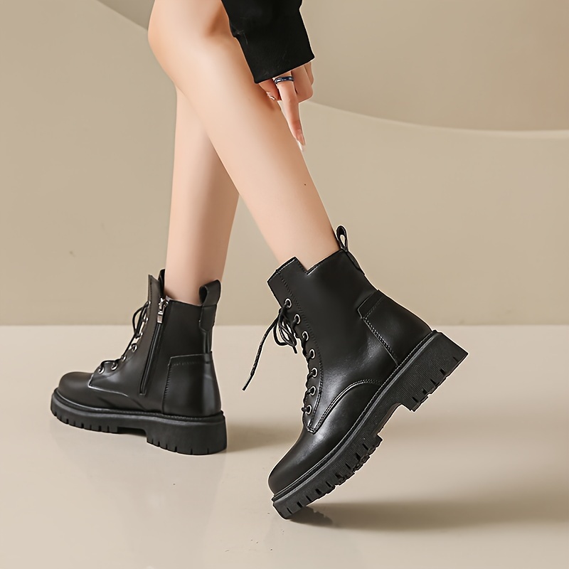 Women s Lace up Fleece lined Combat Boots Side Zipper Bottom Platform Fashion Motorcycle Boots Non slip Comfy Calf Boots