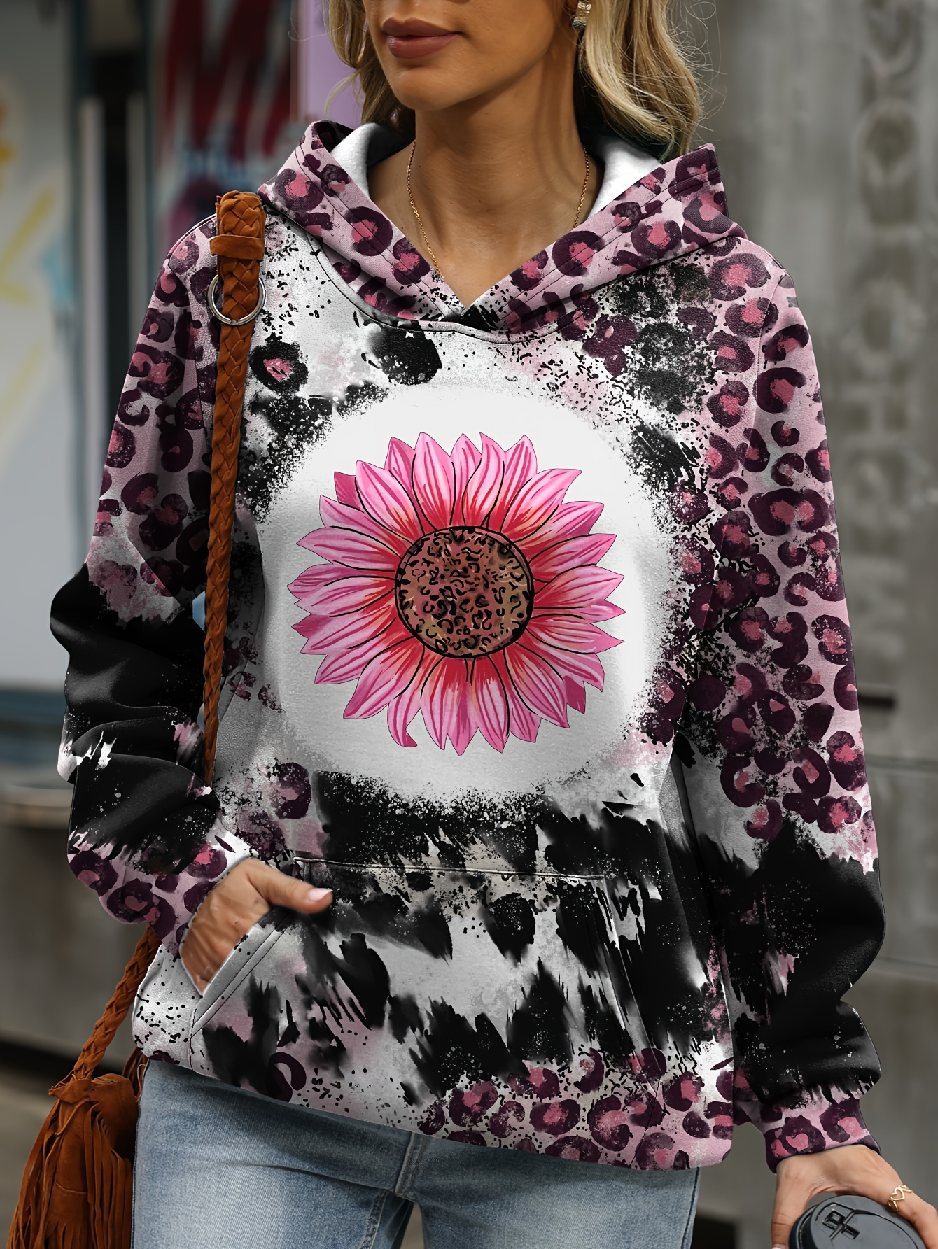 Plus Size Casual Sweatshirt Women s Plus Leopard Sunflower Print Long Sleeve Slight Stretch Hoodie With Giant Pocket