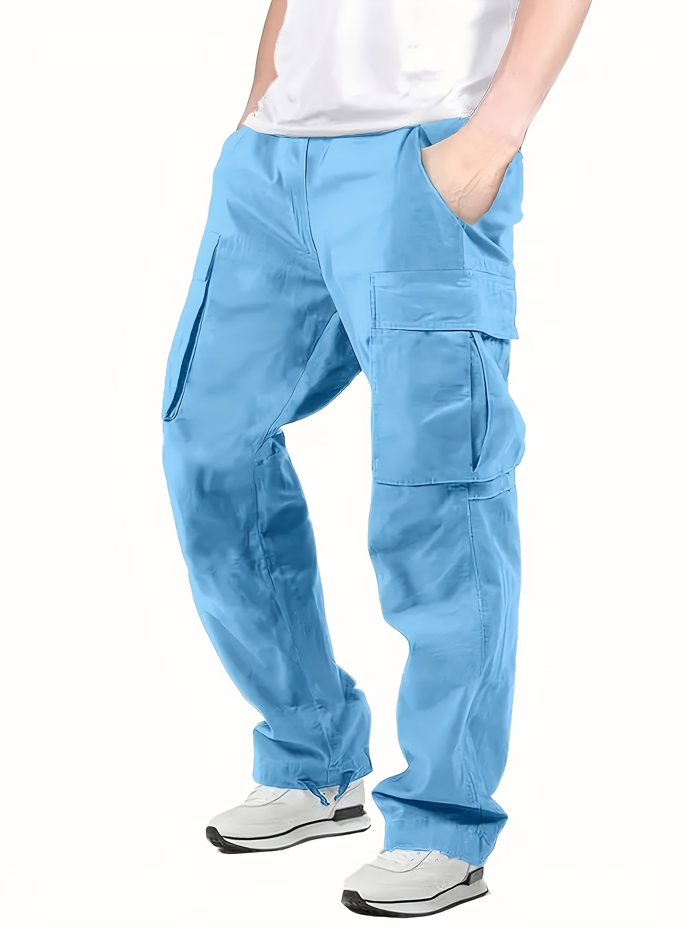 Trendy Solid Cargo Pants Men's Multi Flap Pocket Drawstring - Temu Canada