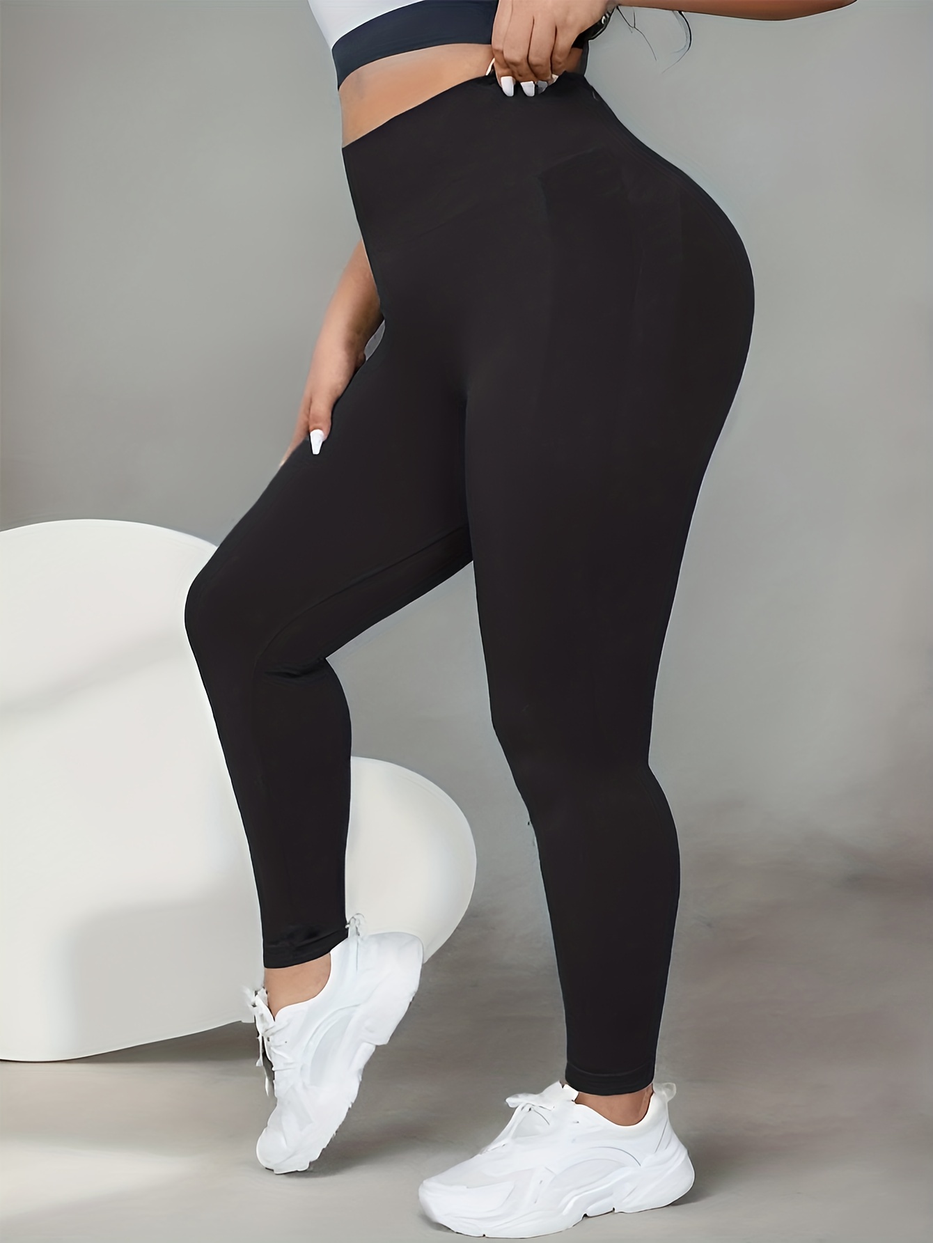 Plus Size Sports Leggings, Women's Plus Plain Blue High Waist Stretchy Butt  Lifting Tummy Control Fitness Workout Gym Yoga Leggings