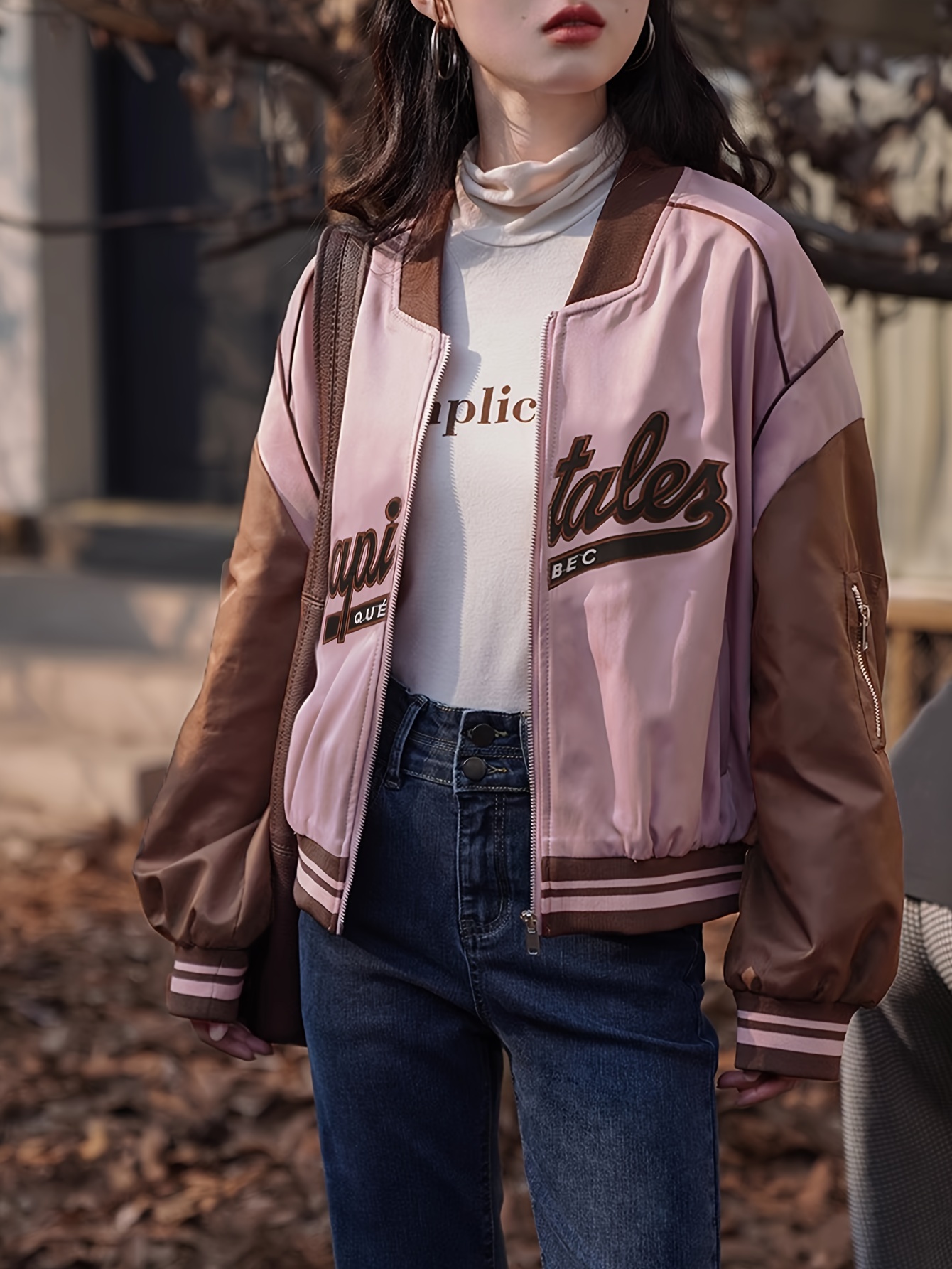 Chaqueta Bomber Con Cremallera, Chaqueta Casual De Manga Larga Para Otoño E  Invierno, Ropa De Mujer