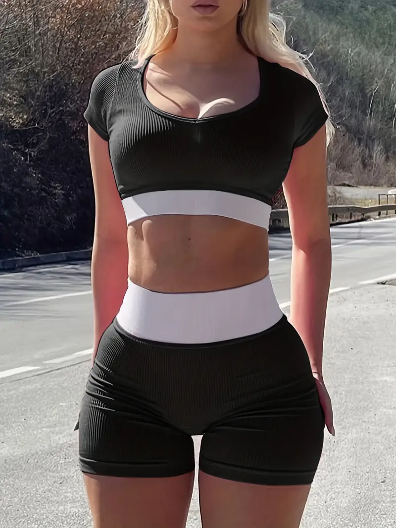 2pcs contrast color sports suits ribbed u neck cropped yoag sports tee high waist shorts womens activewear details 0