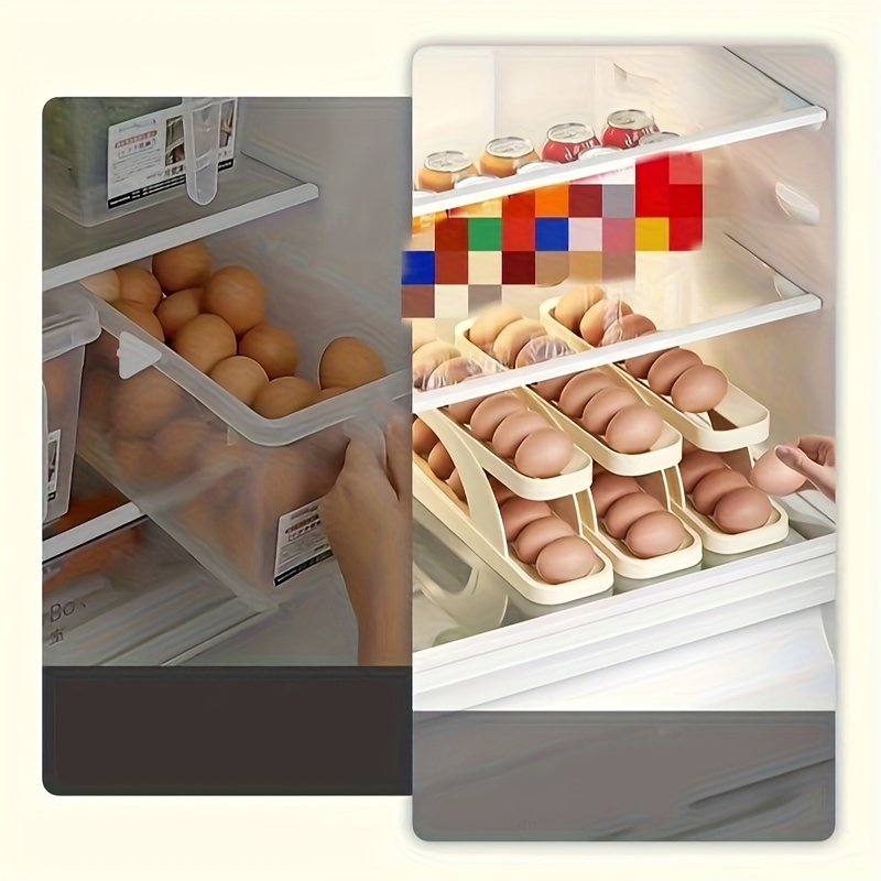 1pc Slide Type Egg Holder Box For Refrigerator Side Door, Double-layer  Automatic Egg Roller, Kitchen Countertop Anti-drop Egg Storage Rack