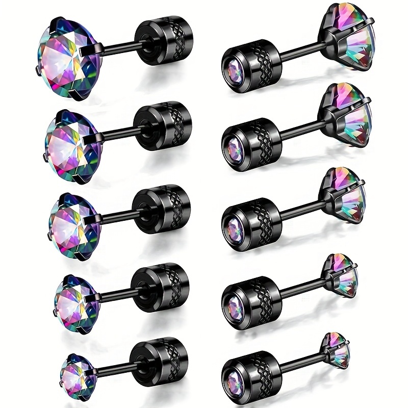 

5 Pairs Colorful Sparkling Design Stud Earrings Elegant Minimalist Style Stainless Steel Plated Jewelry Daily Casual