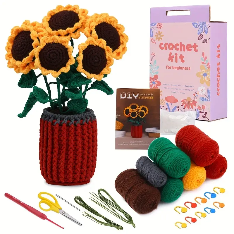 Sunflower Crochet Kit Beginner Crochet Kit For Complete Beginners Adults  With Custom Box, Crochet Kit For Beginners,,crocheting Knitting Kit With  Step-by-step Video Tutorials (markers Random Color) - Temu Germany