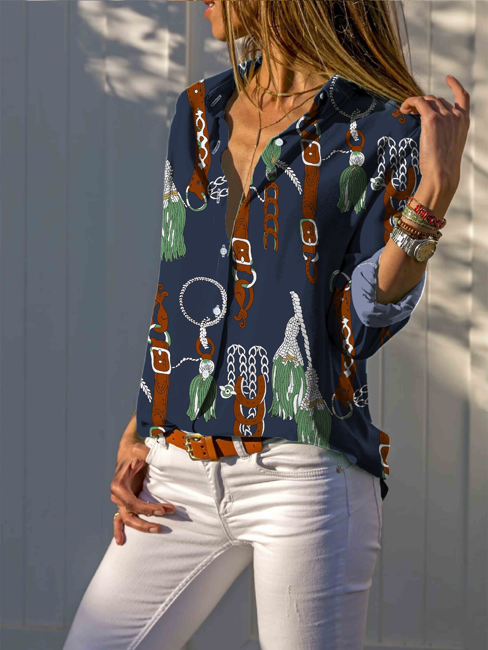 Chain Print Button Front Shirt, Casual Lapel Long Sleeve Shirt, Women's  Clothing