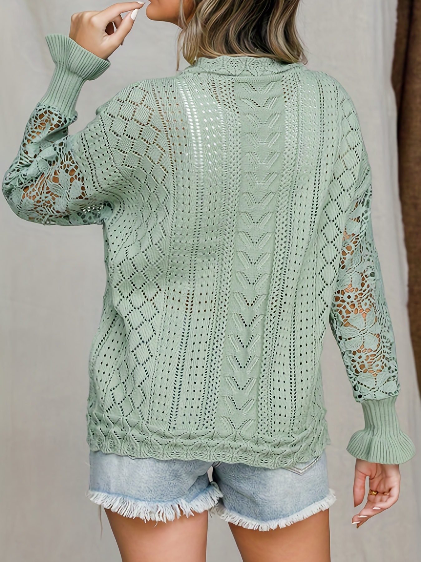 Contrast Lace Eyelet Knit Sweater Elegant Crew Neck Long - Temu Canada