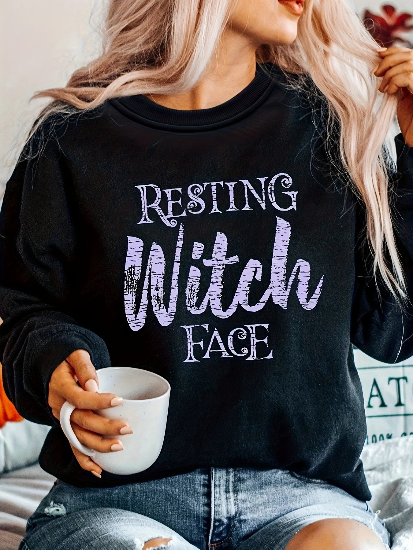witch letter print sweatshirt casual long sleeve crew neck sweatshirt womens clothing details 2