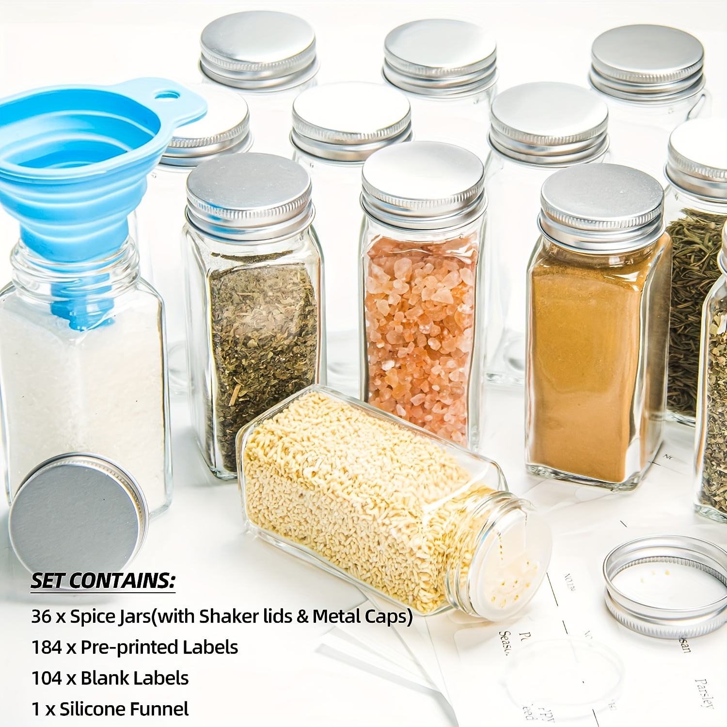 New! Spice Bottles Empty Glass with Labels 4 oz - 36 Piece Spice