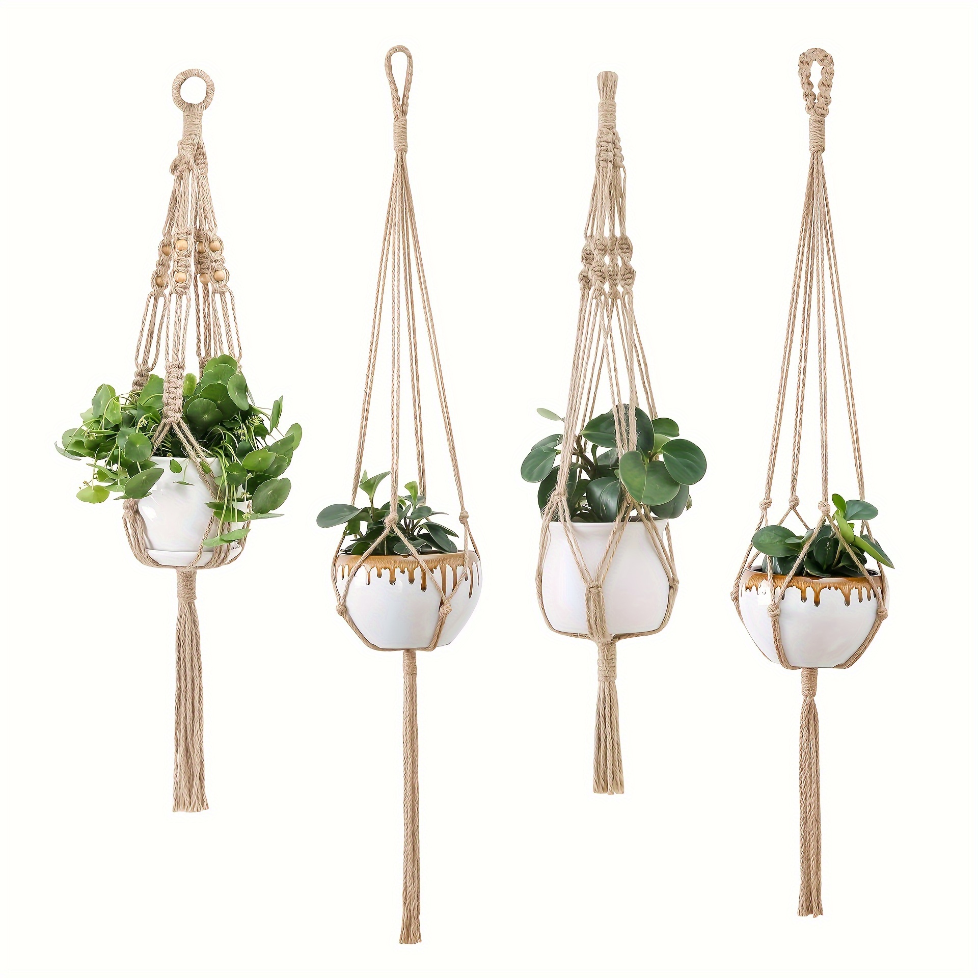 

4pcs Macrame Plant Hanger Handmade White Rope Flower Pot Holder Perfect For Indoor & Outdoor Garden Decoration
