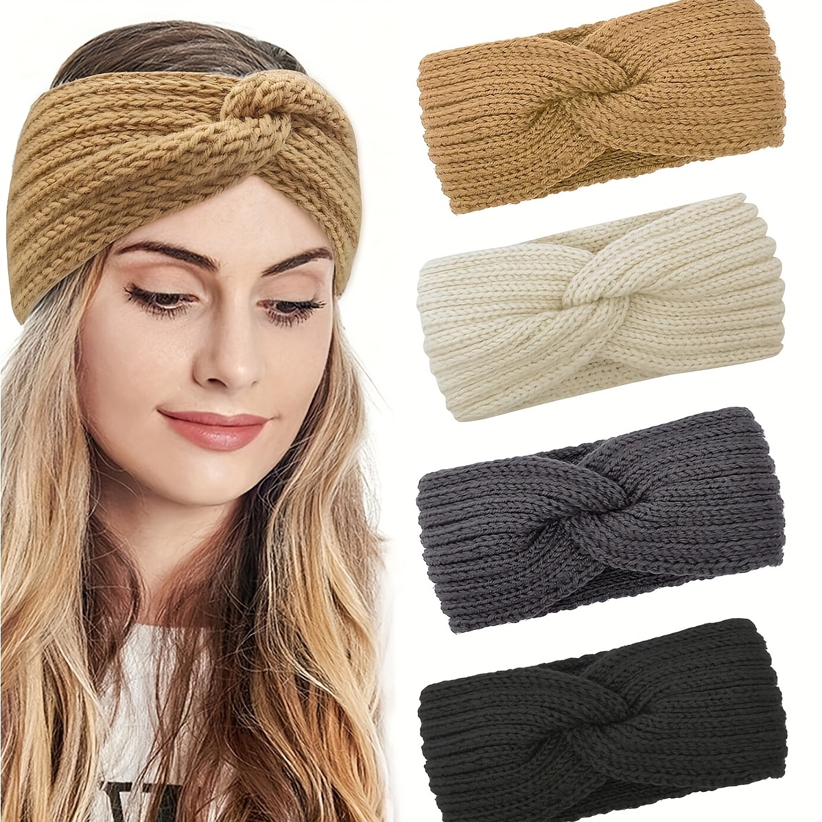 4 Headband, Bandeau Cheveux Fille,Bandeau Oreille Femme,Chaud Headband Avec  Doublure En Peluche, Crochet Tricoté Diadème Femme Hiver