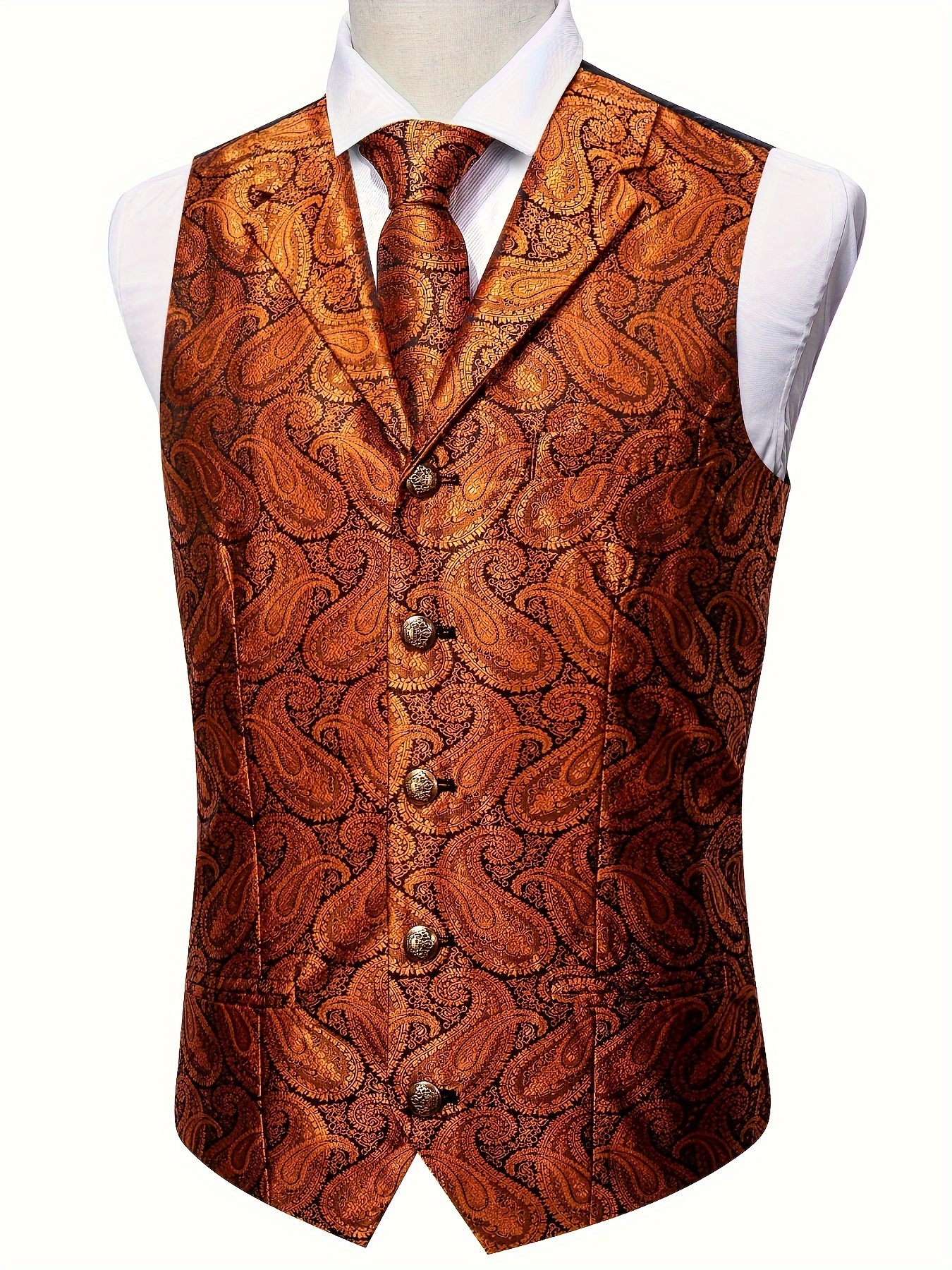 open lace back dress Orange Solid Satin Waistcoat Vest Tie Handkerchief Cufflinks Set, XL