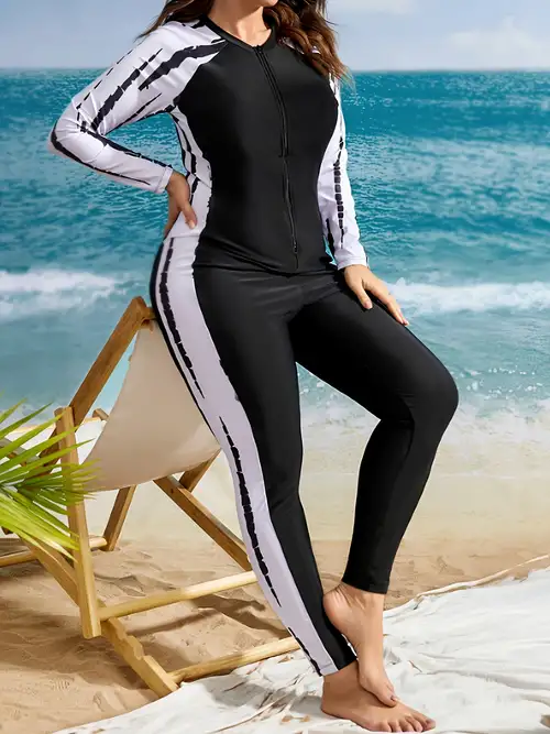 Plus Size Women Surfing Swimsuit Ladies Long Sleeve Zip Swimwear