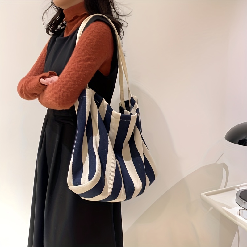 Simple Striped Pattern Canvas Bag, Lightweight All-match Shoulder Leisure  Handbag, Vacation Rope Handle Bag - Temu