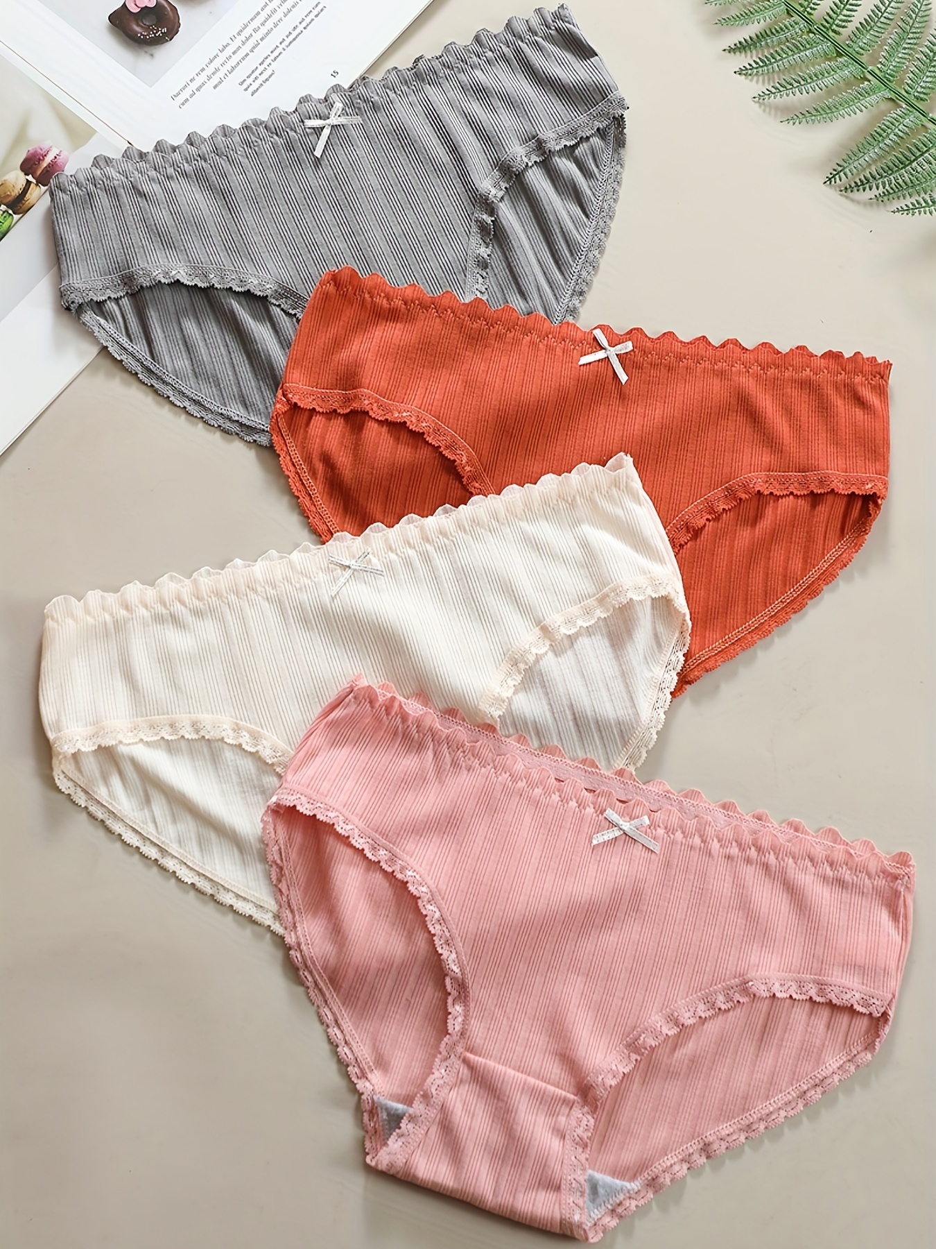 4pcs Lace Wavy Trim Bikini Panties, Comfy & Breathable Elastic Intimates  Panties, Women's Lingerie & Underwear