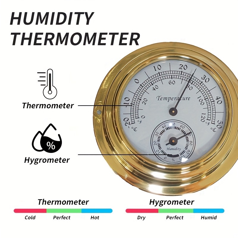 1pc, Thermometer Hygrometer, Two-in-one Pointer Type Thermometer  Hygrometer, Classical And Elegant Brass Color Indoor Room Temperature  Humidity Meter