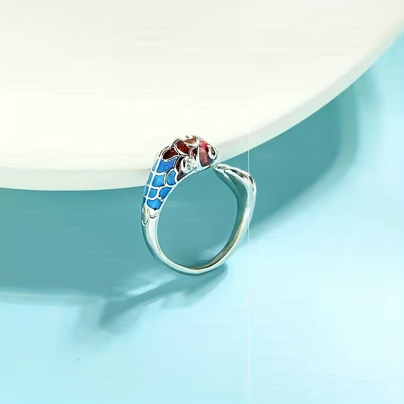 Retro Koi Enamel Colored Adjustable Ring with Lotus Design
