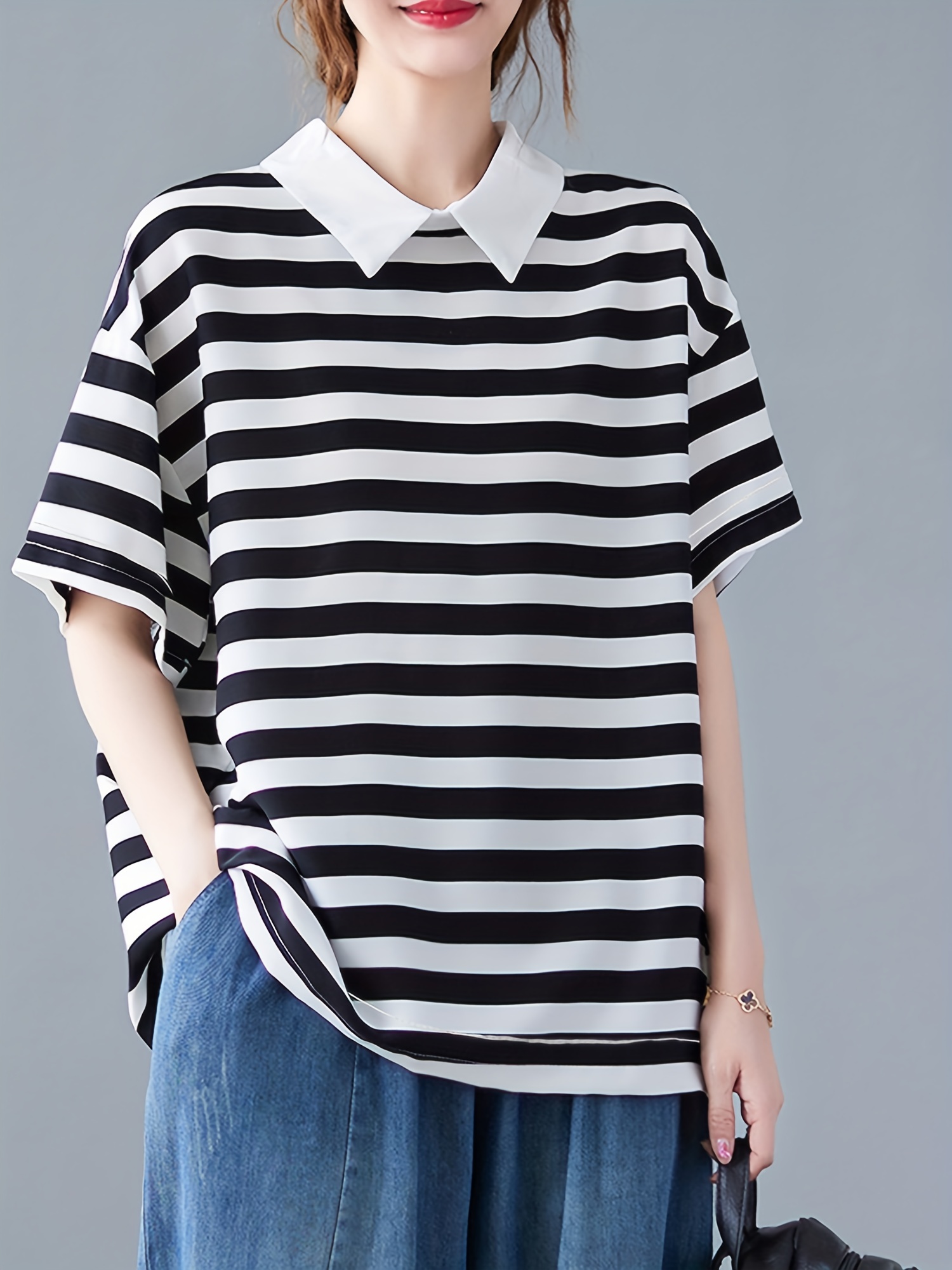 Striped Print T-shirt With A Collar, Casual Short Sleeve Summer T-shirt, deals Women's