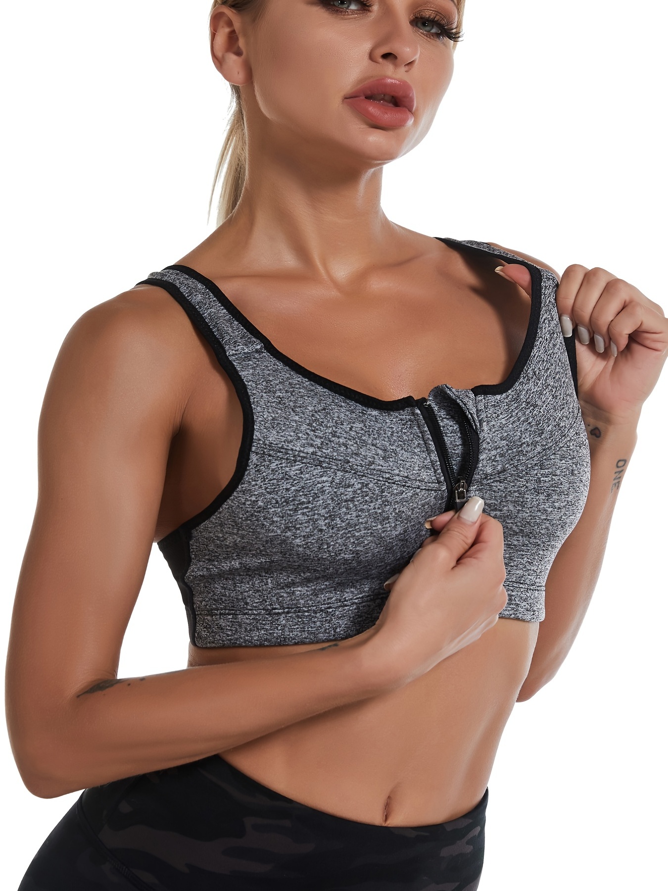 Women Zip Up Front Gym Sports Bra High Impact Yoga Removable Pads Seamless  Top